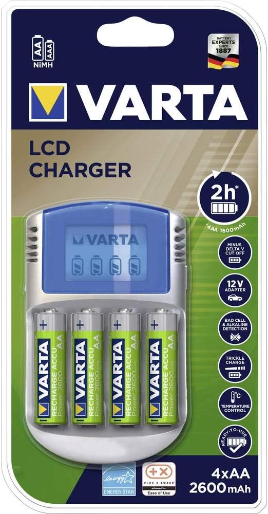VARTA Akku Ladegerät, inkl. 4X AA 2600mAh, Batterieladegerät für wiederaufladbare AA/AAA, LCD Charge