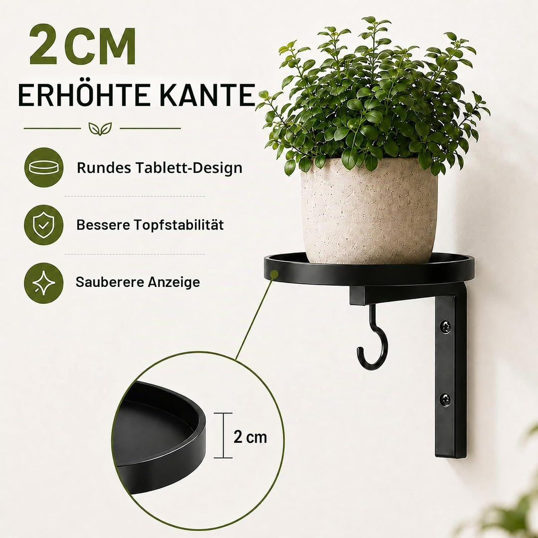 2 Stück Pflanzenständer Wand, Pflanzenhalter Metall mit rundem Tablett und Haken, Blumenständer Wand