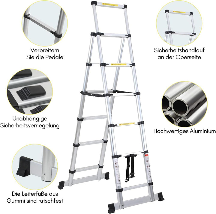 Sonnewelt 2m+2,3m Teleskopleiter Klappleiter, 6+7 Stufen A-Rahmen Mehrzweckleiter Stehleiter aus Alu