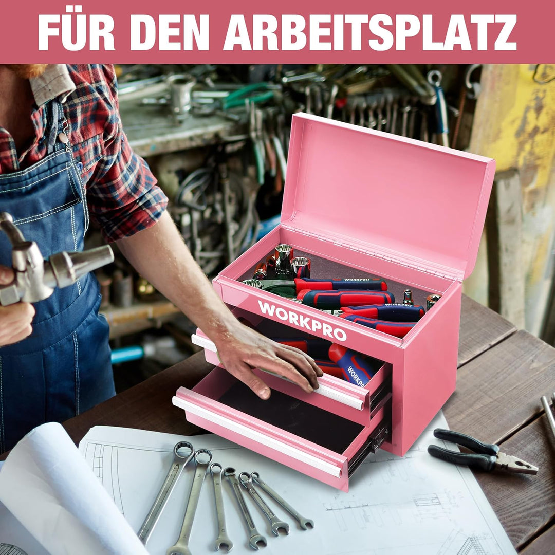 WORKPRO Metall Schubladenbox mit 2 Schubladen & Oberer Stauraum Rosa, 27,5x15x20,8cm Tisch Organizer