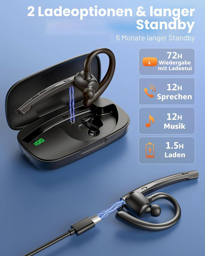 New Bee Bluetooth-Headset V5.3 Bluetooth-Freisprecheinrichtung, Dual-Mikrofon mit 500 mAh Ladehülle,