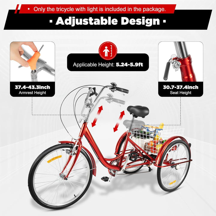 KOLHGNSE Dreirad für Erwachsene, 24 Zoll Dreirad 6-Gang 3-Rad Fahrrad Erwachsene Dreirad Cruise Trik