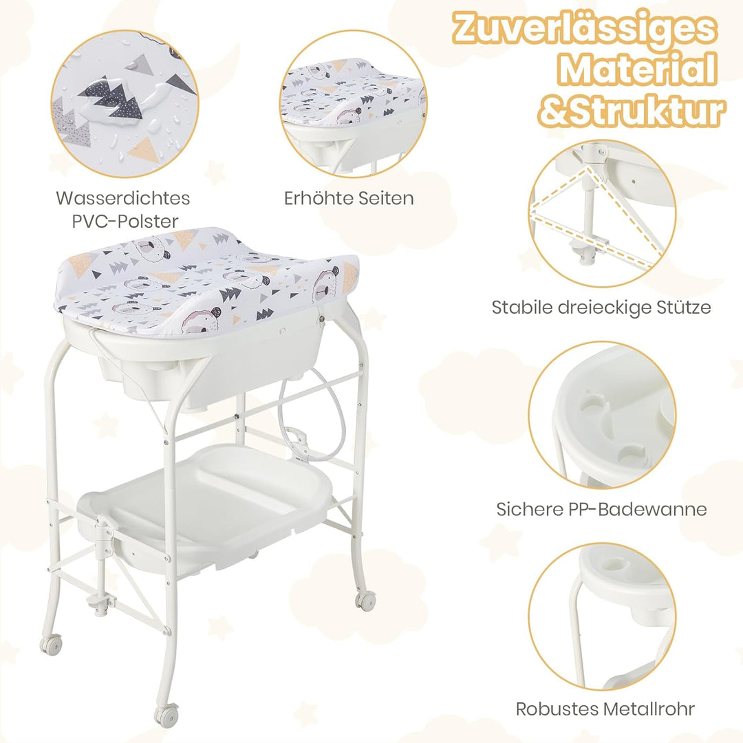 COSTWAY 4 in 1 Wickeltisch klappbar mit Badewanne, tragbare Wickelkommode mit Wickelauflage, mobile