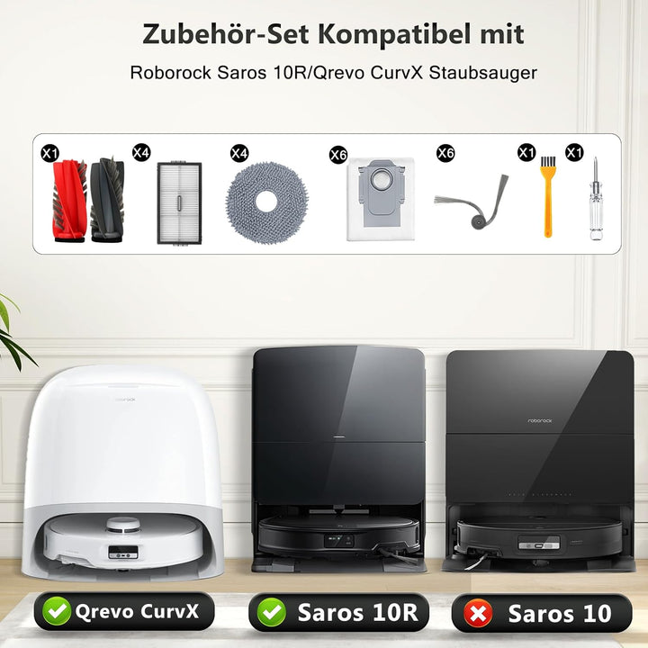 24 Stück Zubehör für Roborock Saros 10R/Qrevo CurvX Staubsauger, Ersatzteile mit 1 Paar Hauptbürste,