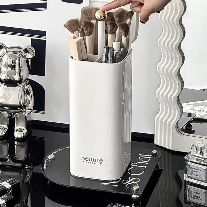 Automatischer Make-up-Pinselhalter mit Deckel, staubdicht, Kosmetik-Organizer für Schminktisch, Weis