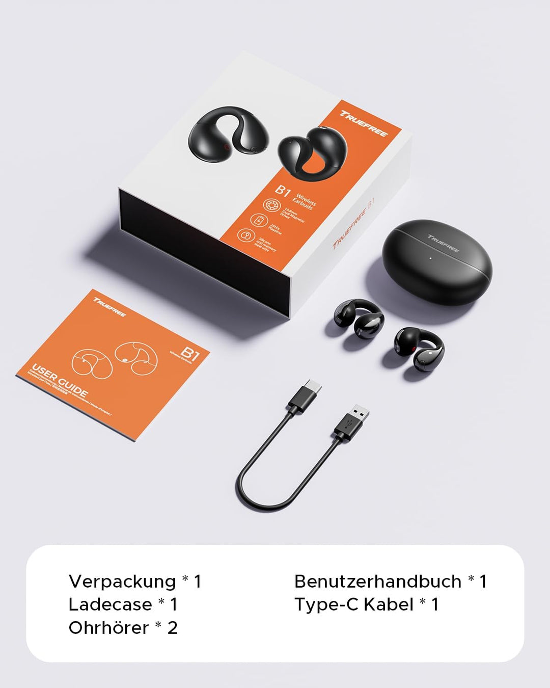 truefree B1 Open Ear Bluetooth Kopfhörer, Clip-On Kopfhörer Sport, Kabellose Bluetooth 5.4, Komfort-