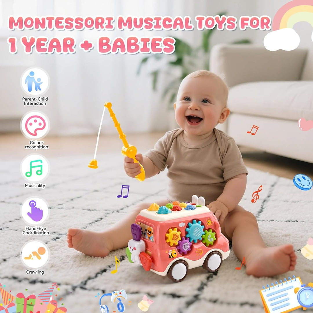 Baby Spielzeug ab 1 Jahr, Musikalischer Bus Kinderspielzeug mit Xylophon,Hammerspiel, Montessori Mus