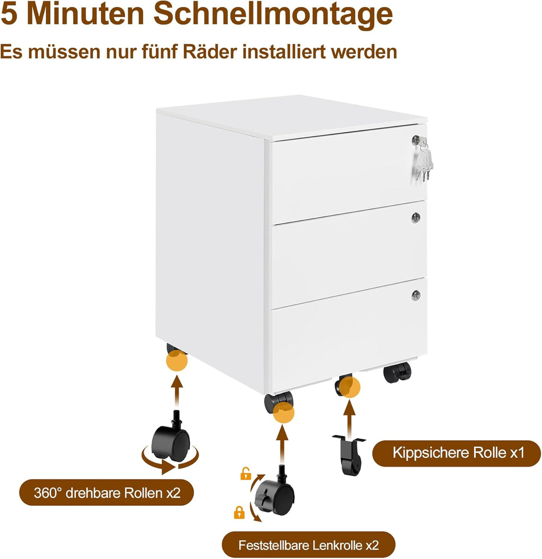 Rollcontainer, Mobiler Aktenschrank mit 3 Schlössern, 4 Schlüssel, 3 Schubladen, Rollcontainer Schre