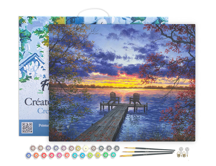 Figured'Art Malen Nach Zahlen Erwachsene Mit Rahmen Eine Abenddämmerung am Flusssteg - Paint by Numb