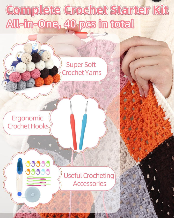 Aeelike Häkelset Anfänger für Granny Square Decke, Starter Häkelset für Erwachsene mit Häkelnadeln 4