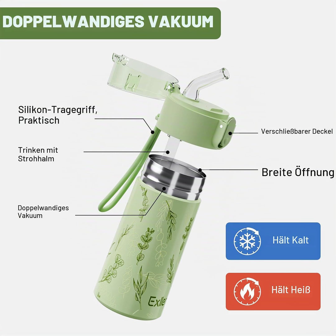 Exllena Trinkflasche Klein 150ml mit Strohhalm aus Edelstahl, Einhand-Bedienung, 100% Auslaufsicher,