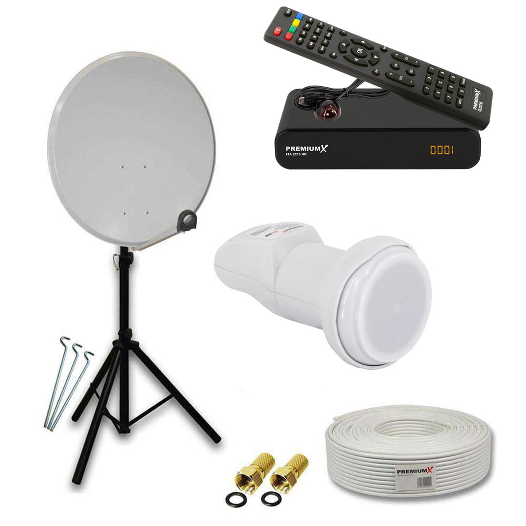 PremiumX Mobile Camping Satelliten-Komplettanlage 60cm Antenne SAT Single LNB Dreibein-Stativ TV Kab
