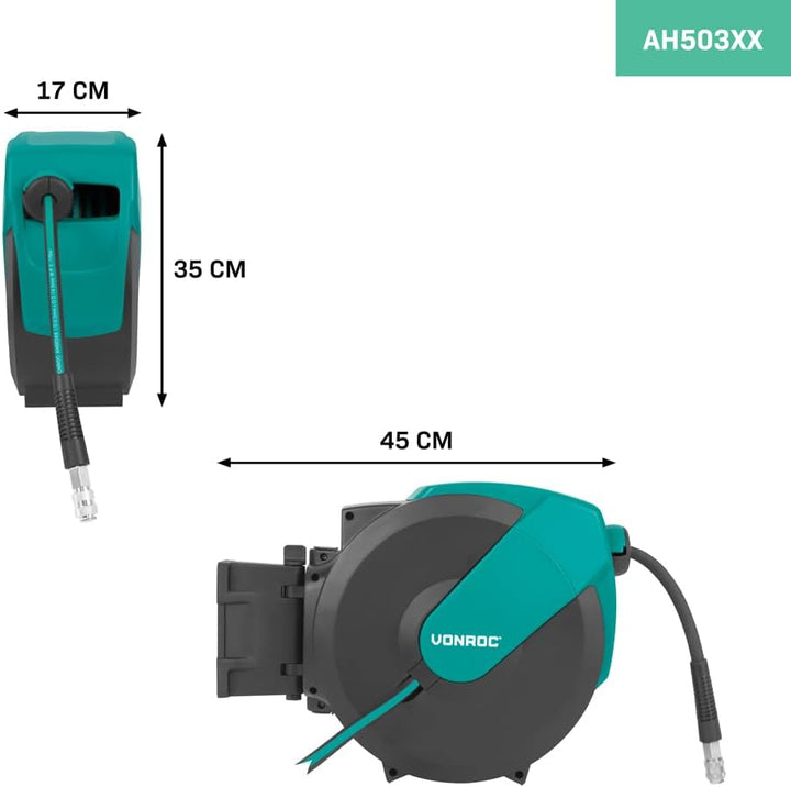 VONROC PRO Automatische Druckluft-Schlauchtrommel 15M – Aufrollbarer Druckluftschlauch, 1m Zuleitung
