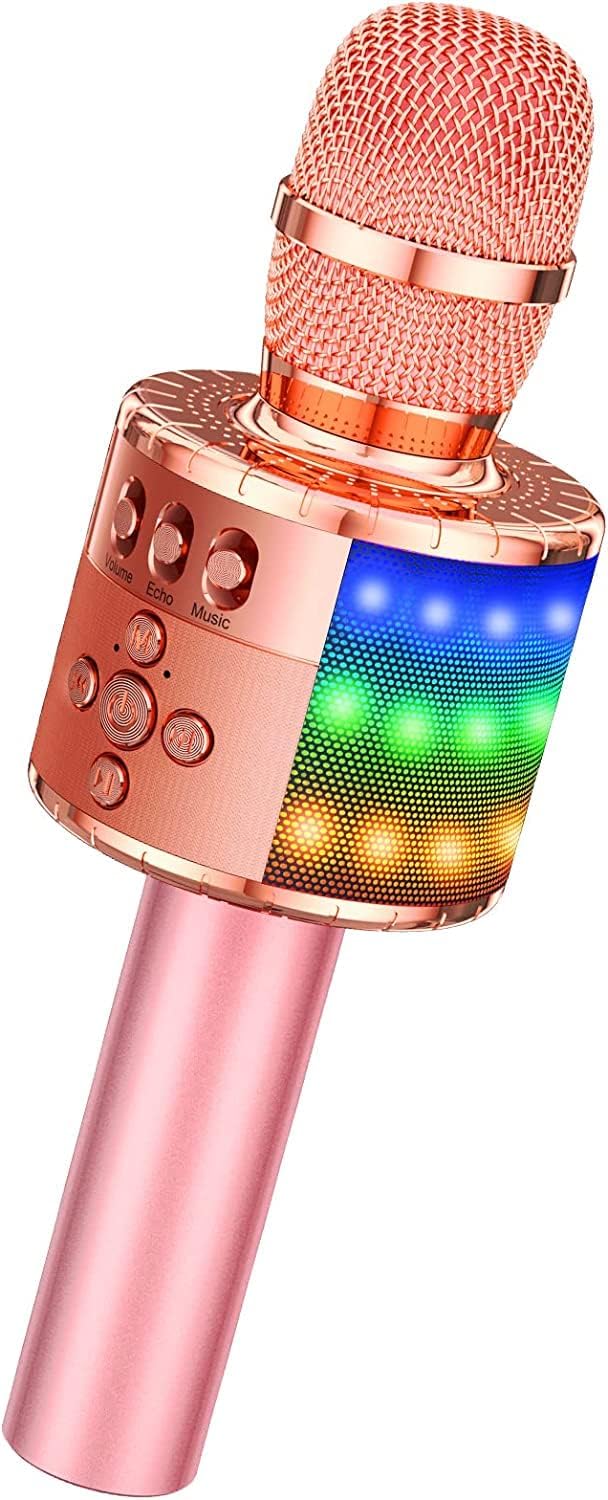 BONAOK Drahtloses Bluetooth-Karaoke-Mikrofon mit Steuerbaren LED-Leuchten, Tragbarer Karaoke-Maschin