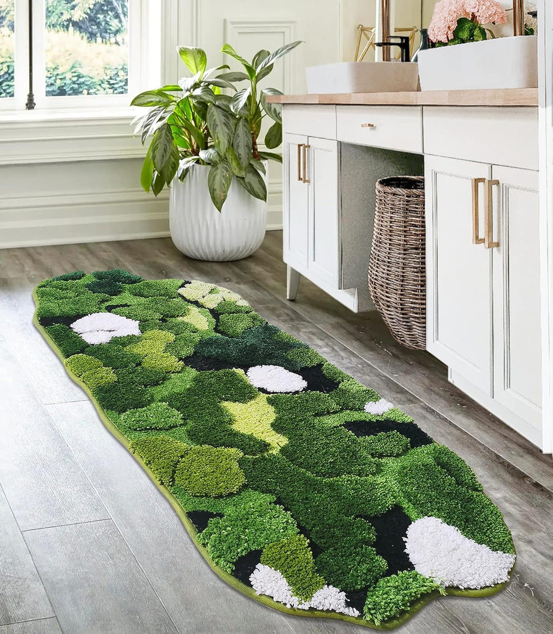 Hifuwan Badezimmerläufer, niedlich, grünes Moos, lang, rechteckig, Boho-Stil, ästhetisch, Blätter, B