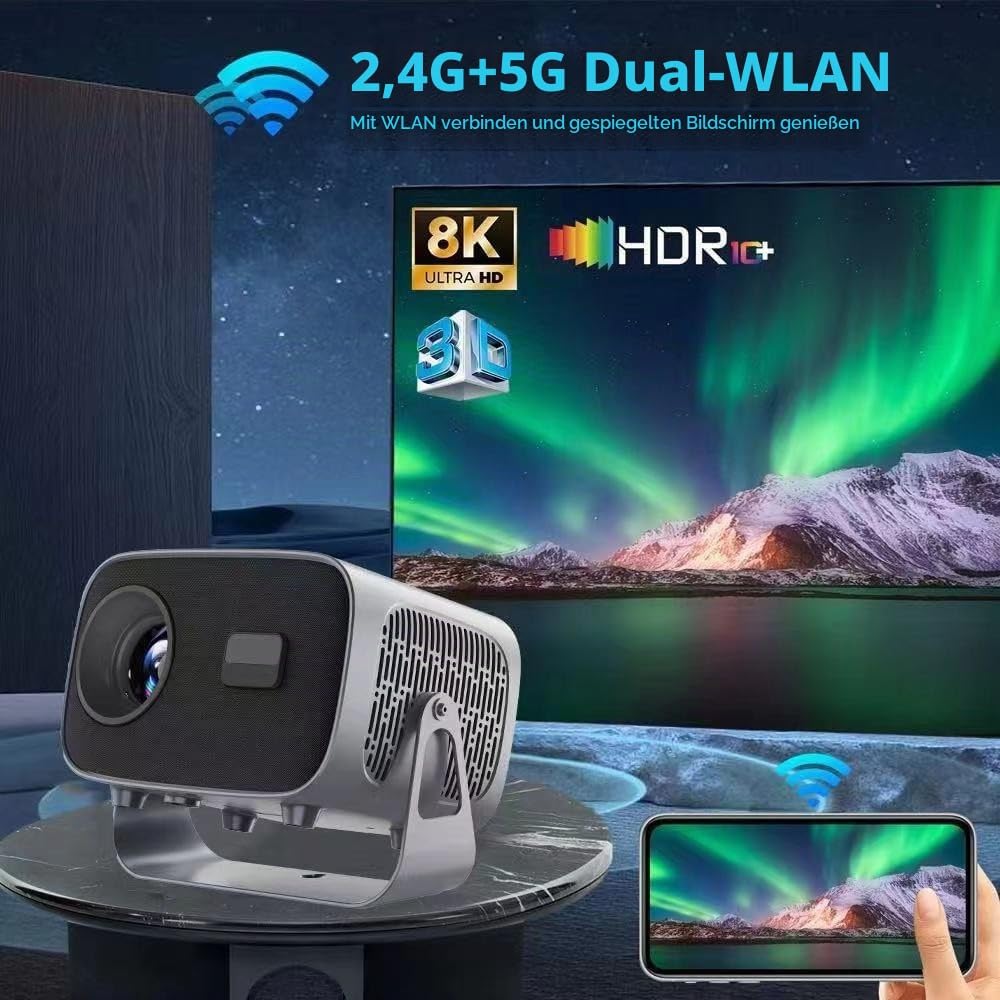 Smarter Projektor, Android 11-System, 1080P mit 4K-Unterstützung, Keystone-Korrektur, WiFi 6 &amp; Bluet