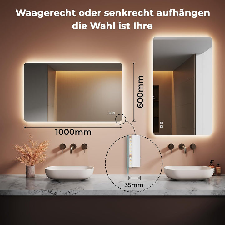 Badezimmerspiegel mit Beleuchtung, 100 x 60 x 3.5cm, Spiegel mit Beleuchtung, Dimmbar, 3 Farben, Ant