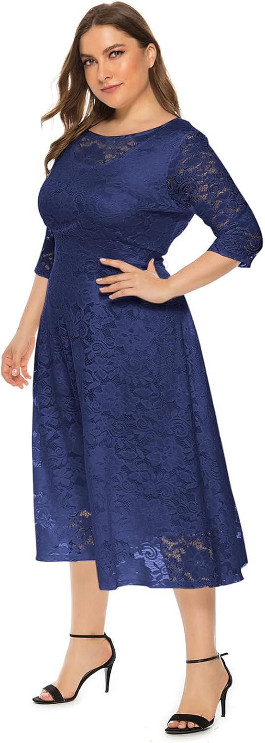 Odizli Damen Elegant 3/4 Ärmel Spitzenkleid Hochzeit Festlich Coctailkleid Abendkleid Grosse Grössen