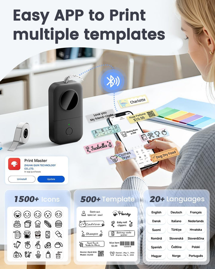 Phomemo D30 Bluetooth Etikettiergerät -Mini Beschriftungsgerät Selbstklebend Etikettendrucker,Ettike