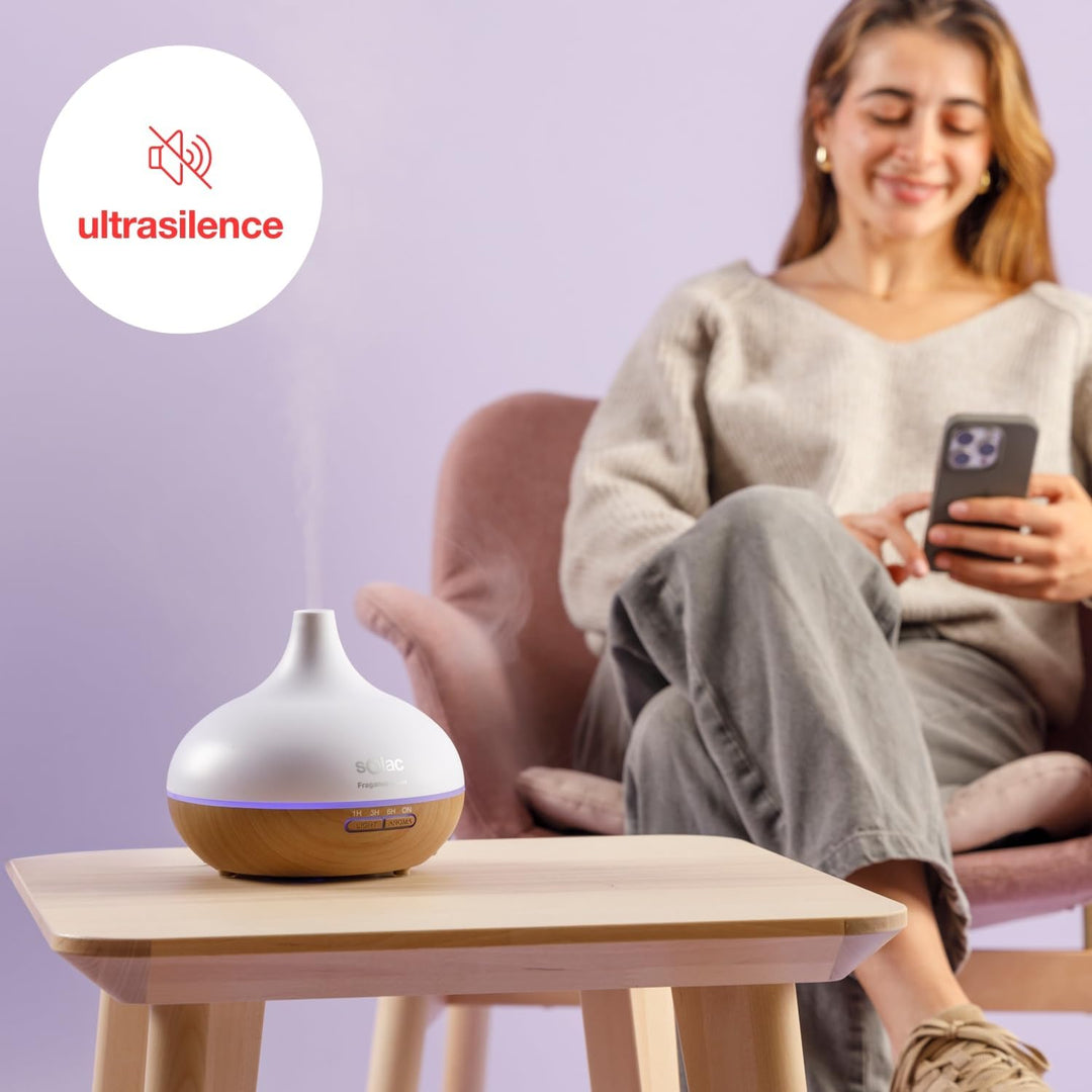 Solac – Luftbefeuchter Fragance Quiet 10W | 300-ml-Tank | LED in 7 Farben | 10-Stunden-Timer | 2 Neb