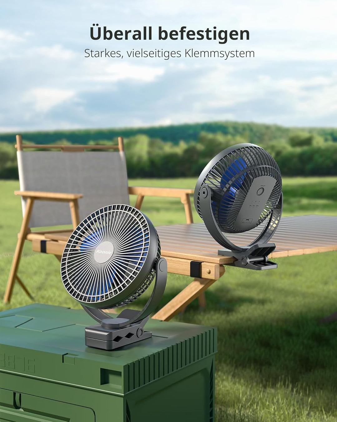 Koonie 20cm Tragbarer Clip-On-Ventilator, USB-Tischventilator mit 10.000 mAh Akku, 4 Geschwindigkeit