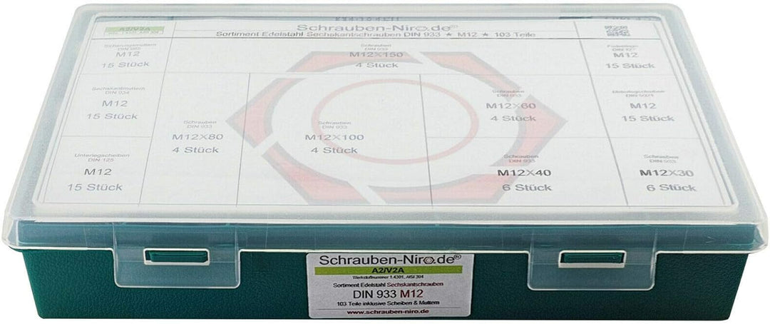Sortiment M12 DIN 933 Edelstahl A2 (V2A) Sechskantschrauben mit Gewinde bis Kopf - Set bestehend aus