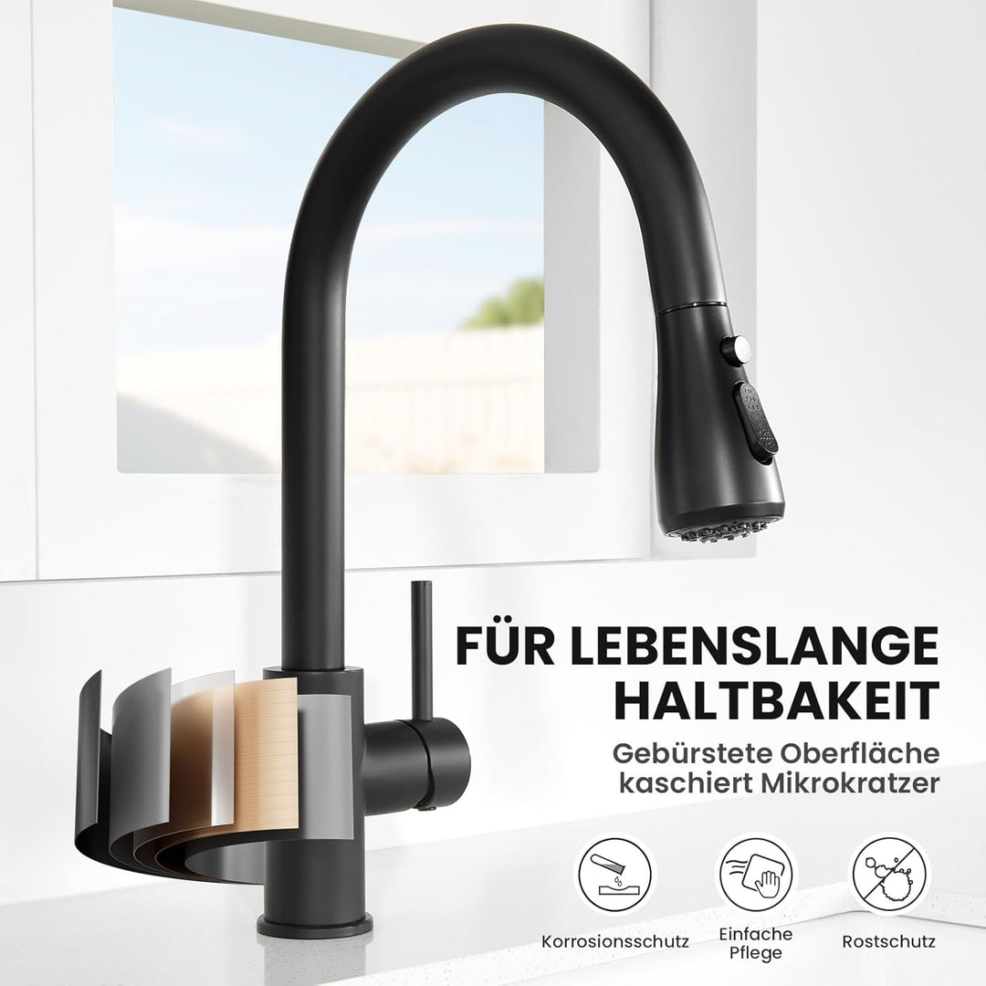 Wasserhahn küche mit Ausziehbar Hochdruck fur Spüle - Küchenarmatur Schwarz mit Brause - Edelstahl A