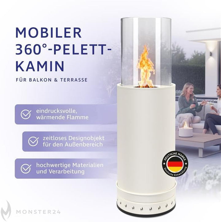 Monster24 Standkamin, rund, freistehend, 87 x 27 x 27 cm, Pellet Terrassenheizer für Outdoor, Terras