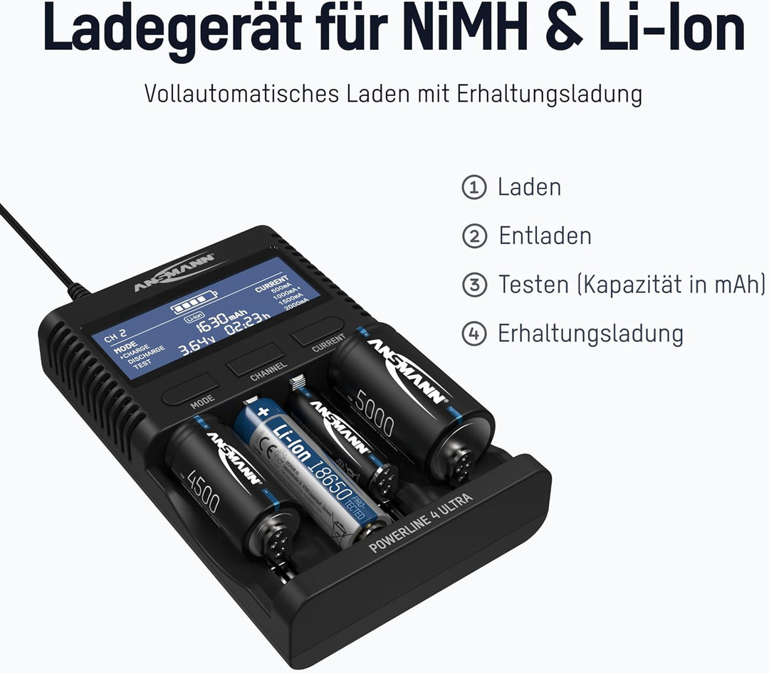 ANSMANN Akku-Ladegerät für AA/AAA/C/D NiMH Akkus & Li-Ion 18650/26650 Batterieladegerät mit 4 Ladepr