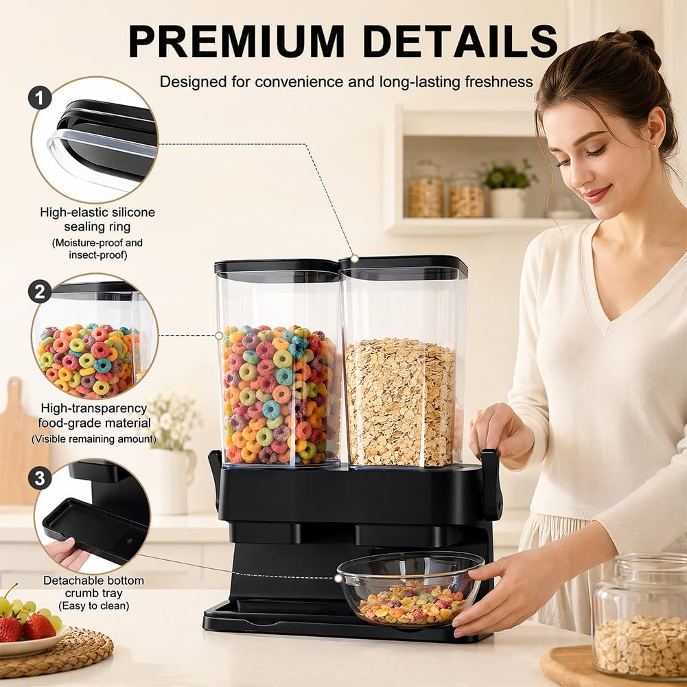 CEWEOM Cereal Dispenser, Pack of 2, Double 3L Airtight Cereal Storage Box for Organising the Kitchen