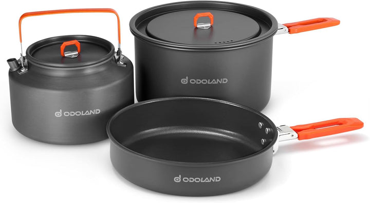 Odoland Camping Geschirr Set Outdoor Kochset mit Camping Topf, Teekessel und Bratpfanne, Kochgeschir