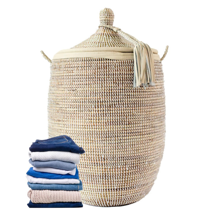 Afrikanischer Wäschekorb mit Deckel | Geflochtener Korb Mbour | Handgefertigt aus Savannengras und K