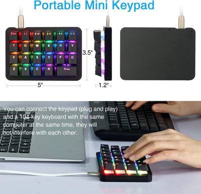 Koolertron Einhand Mini Tastatur, Mechanische Gaming Tastatur mit 23 Voll Programmierbaren Tasten, G