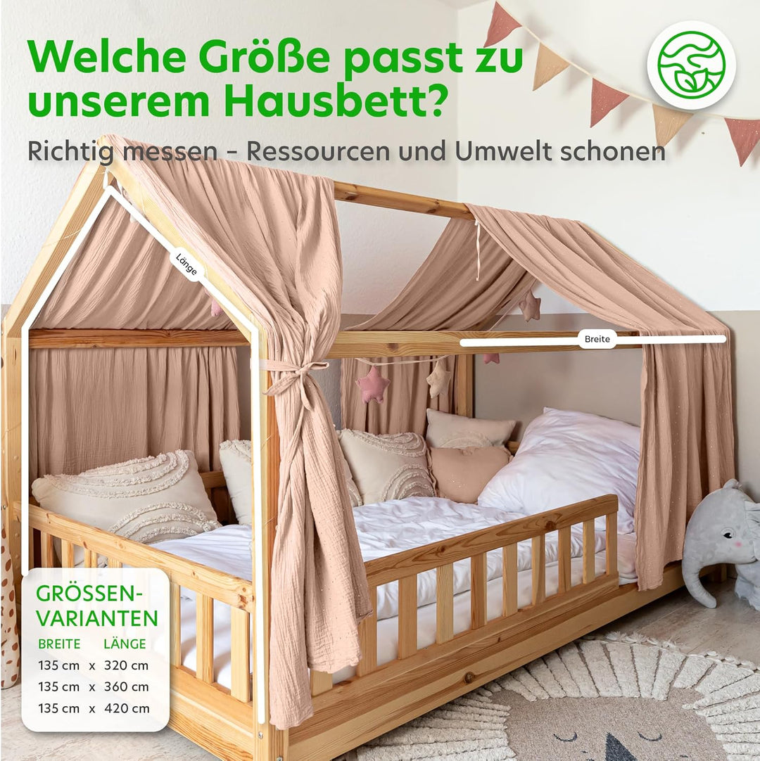 Hausbett Himmel mit Gold Applikation [in 12 Farben] Betthimmel Hausbett aus 100% Baumwolle Musselin