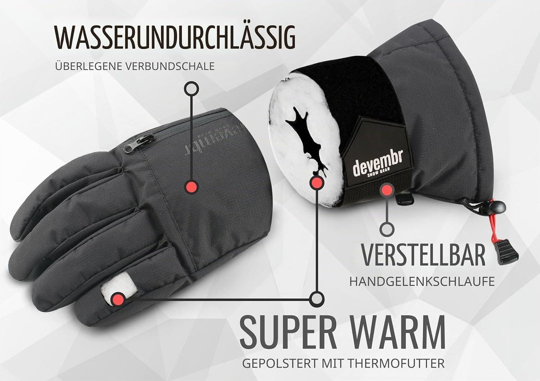 devembr Advanced Ski-Handschuhe mit Handgelenkschutz und Herausnehmbarem Innenfutter (S/M/L), S
