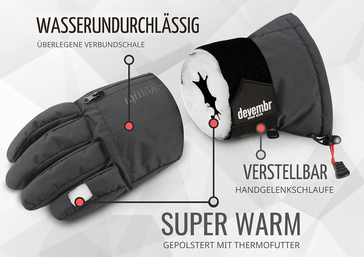 devembr Advanced Ski-Handschuhe mit Handgelenkschutz und Herausnehmbarem Innenfutter (S/M/L), S