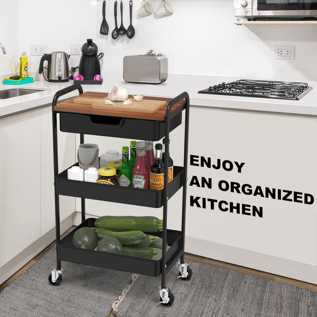 Shrivee 3-Tier Küchenwagen mit Tisch und Schublade, Allzweckwagen, Metallnutzungen Rollwagen, Regalw