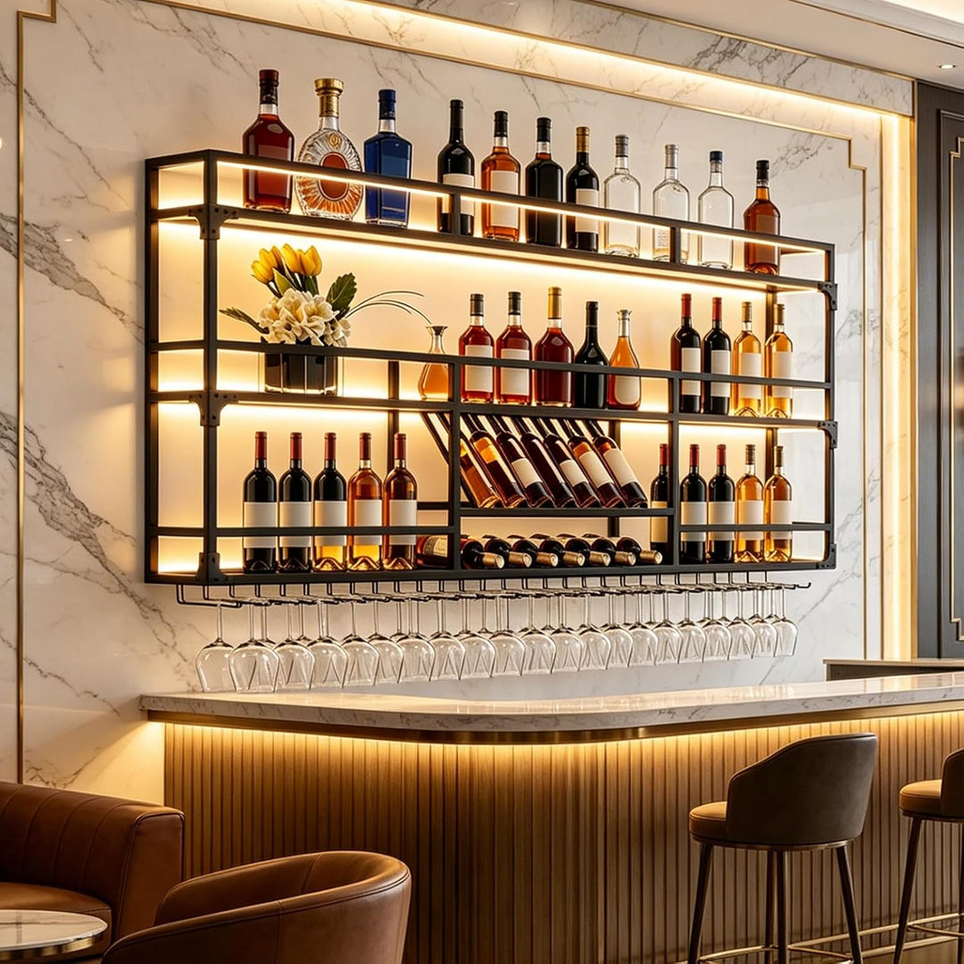 Weinregal Wand, 3 Ebenen Wand-Weinregale mit Glashalter, Multi funktionaler Weinpareite Display Rack