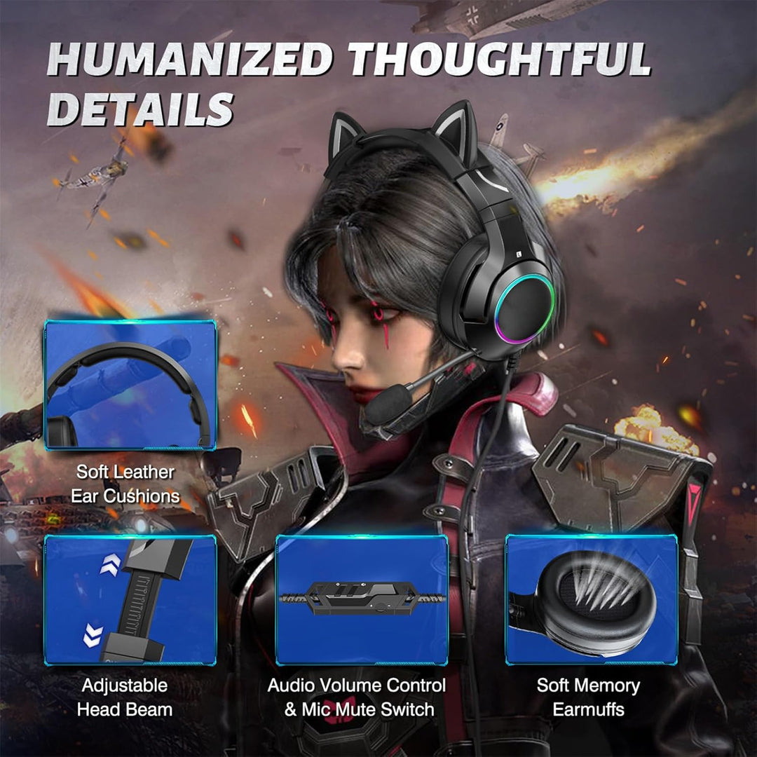 Gaming-Headset mit Mikrofon, abnehmbare Katzenohr-Kopfhörer, Katzenohr-Design mit RGB-Beleuchtung, V