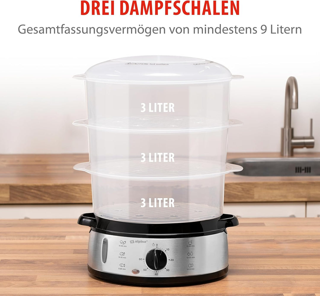 alpina Dampfgarer - 230V/800W - 3-Schicht-Dampfmaschine- BPA-frei - Spülmaschinenfest - 0 bis 60 Min