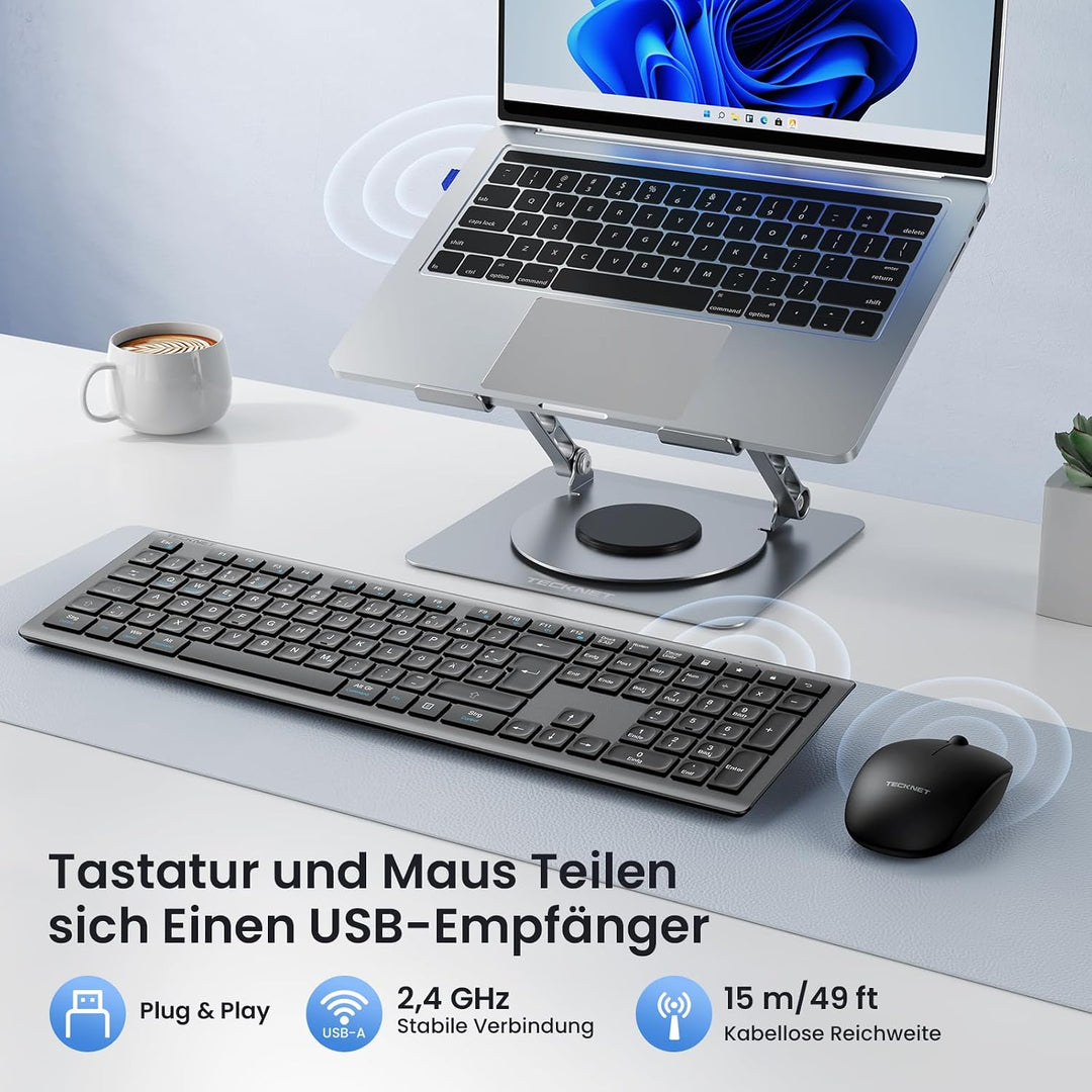 TECKNET Tastatur Maus Set Kabellos, 2.4G Wiederaufladbare Maus und Tastatur | Fullsize Deutsch QWERT
