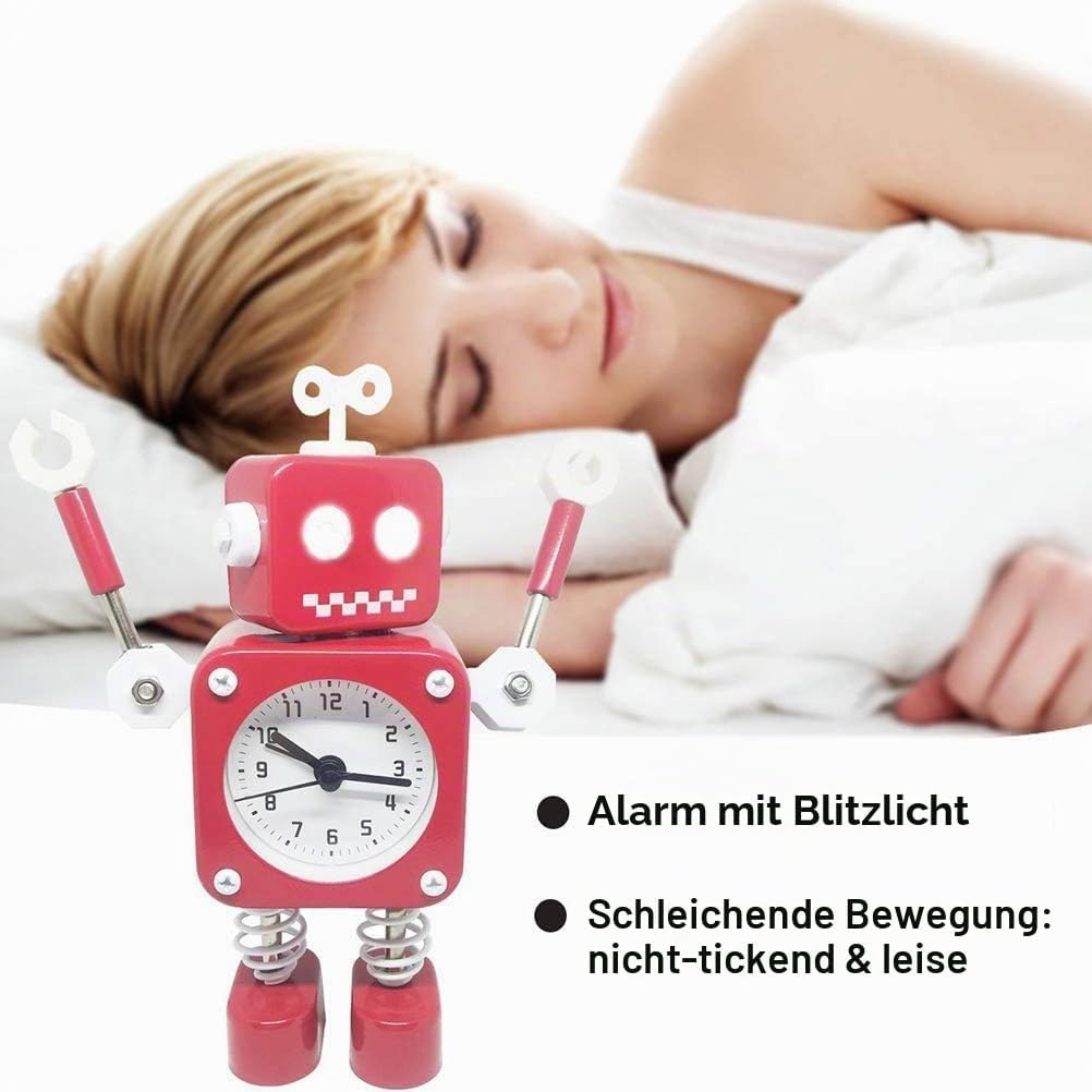 Diskary Roboter Wecker,Nicht tickende Wecker mit blinkenden Augen Lichtern und drehbarem Arm,Geschen