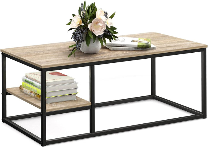 VOWNER Couchtisch, Wohnzimmertisch, Couchtisch mit Stahlgestell und Ablagen, Industrie-Design, Skand
