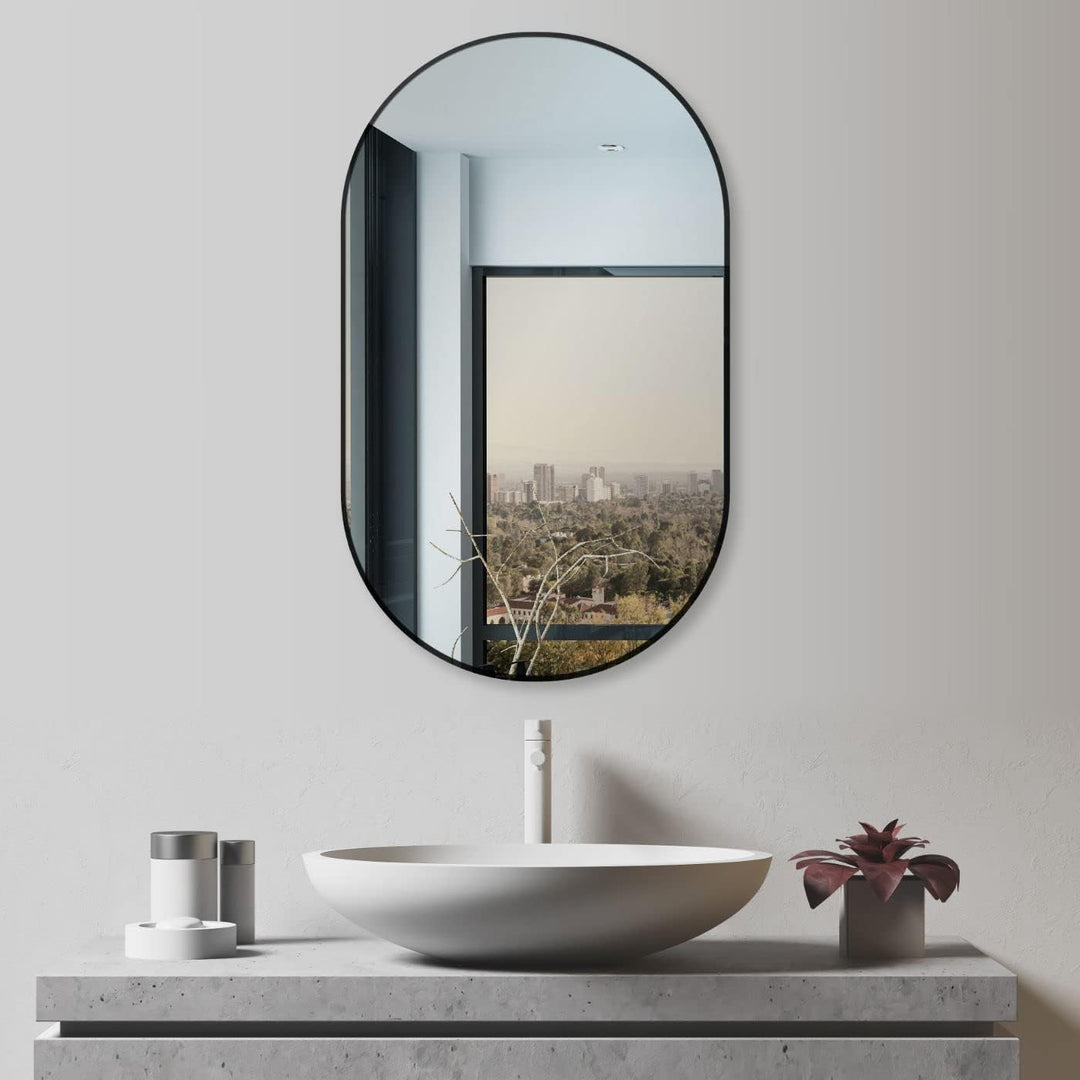 HOKO® Design Wandspiegel oval 45 x 75 cm mit Metall Rahmen Matt Schwarz. HOCH und QUER Montage mögli