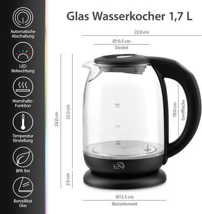 T24 Wasserkocher Glas 1,7 L, Wasserkocher mit Temperatureinstellung 60, 70, 80, 90, 100 °C, Wasserko