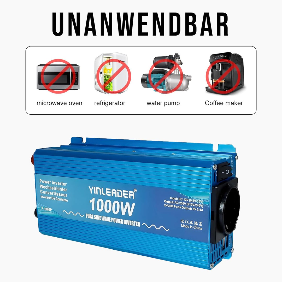 Wechselrichter 1000W /2000W Yinleader Reiner Sinus DC 12V AC 230V Spannungswandler 1 AC Ausgang 2 US