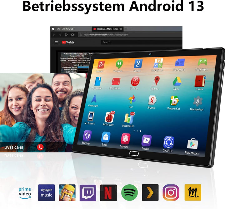 KADYBE 2024 Neueste Android 13 Tablet 10 Zoll,2-in-1 Tablet Mit 2 SIM Slots 1 SD, 64GB ROM TF 512GB,