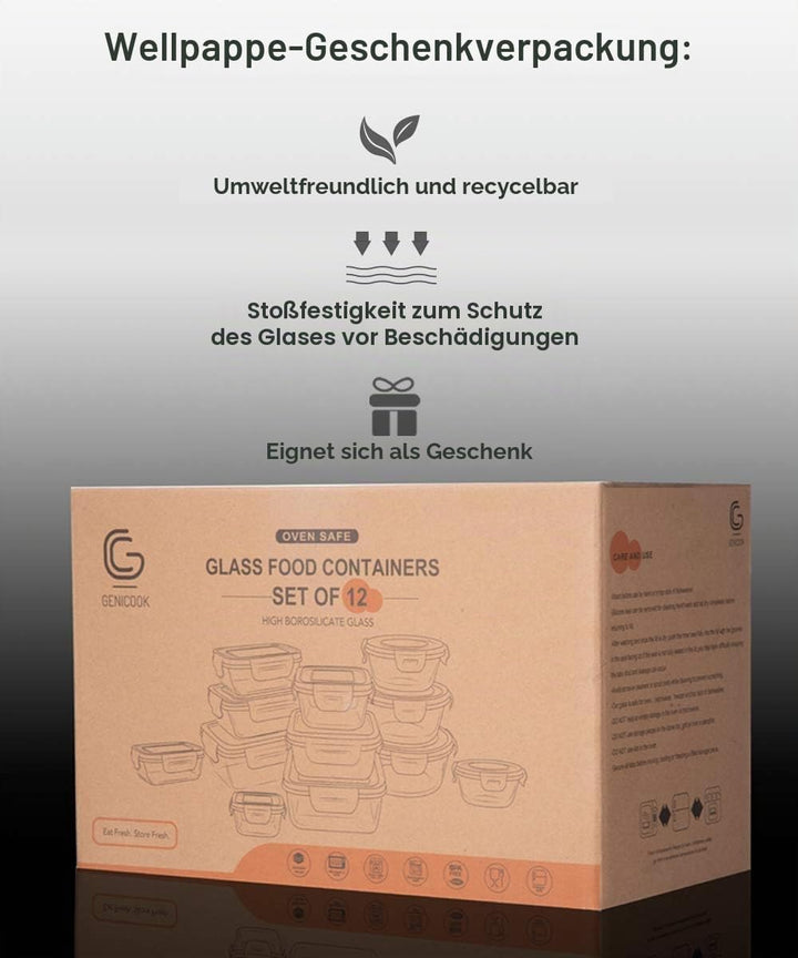 GENICOOK Glas-Frischhaltedosen Set-Glasbehälter/Brotdose/vorratdose/Aufbewahrungsbehälter - BPA frei