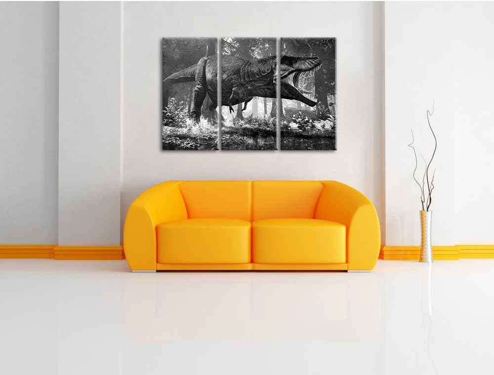 Pixxprint T-Rex Dinosaurier im Wald Kunst B&W 3-Teiler Leinwandbild 120x80 Bild auf Leinwand