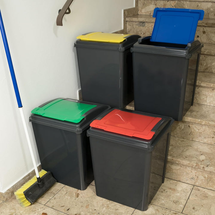 2x 50L Mülltonne Schwarz-Gelb-Grün, Mülleimer Küche, Mülleimer 2 Fächer, Mülltrennsystem, Abfalleime